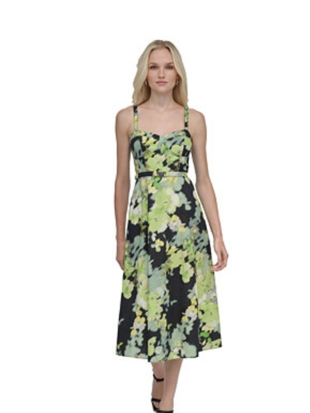 DKNY Black Midi Dress with Green Floral Print